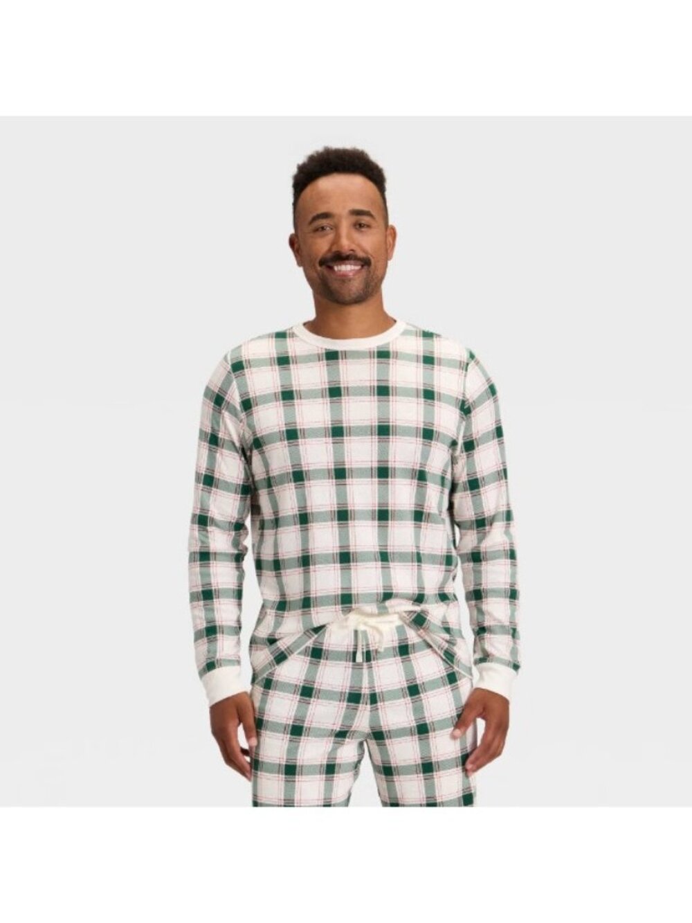 Wonderhop Pajama Top Mens Extra large Beige Plaid Ribbed Long Sleeve Crewneck